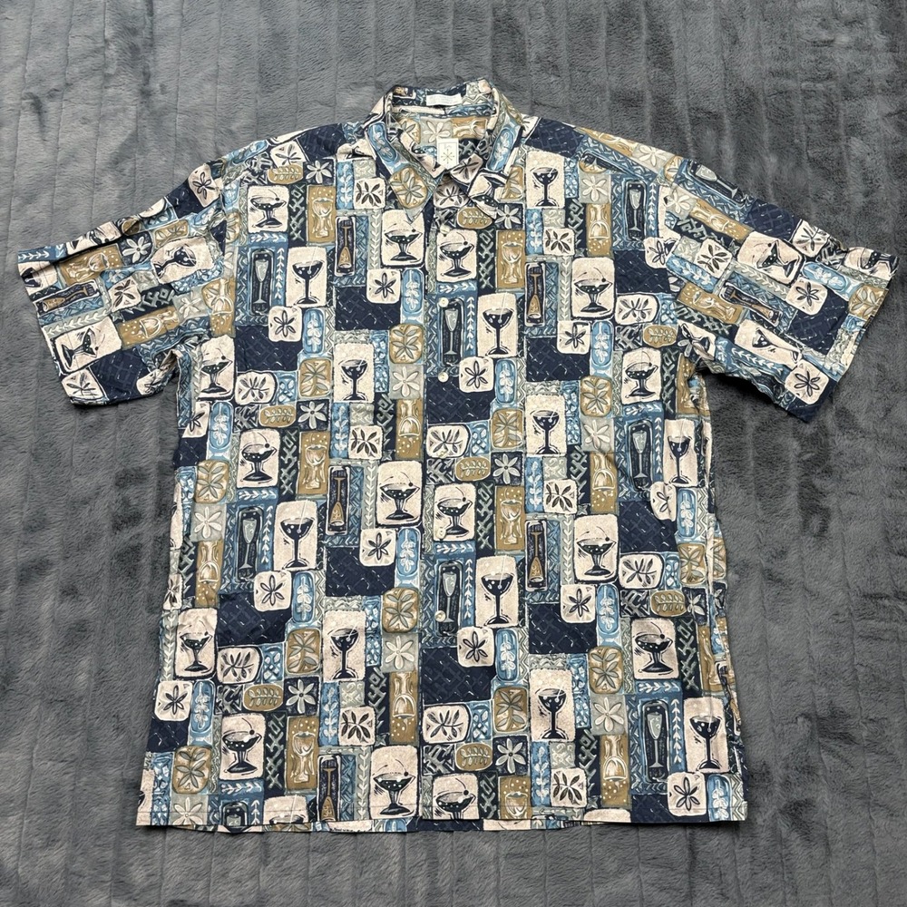 Burma Bibas Mens Large Blue Cocktail Martini Glass Cotton Lawn Button Down Shirt